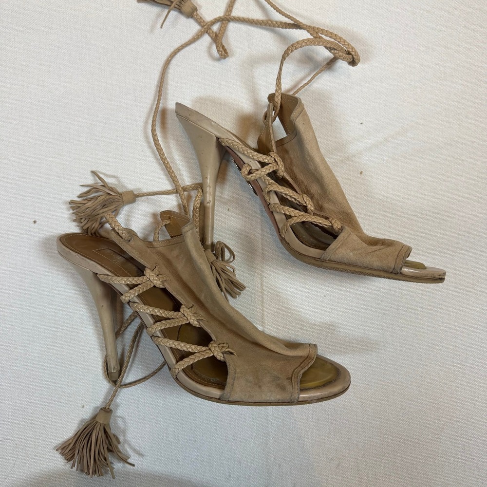Aquazzura Firenze Lace Up Heels Tassel Suede Beige Sandals - Size 37.5 - Picture 2 of 7